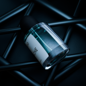 A 3D render of a perfume bottle elegantly placed on a sleek black background, showcasing its design and allure.