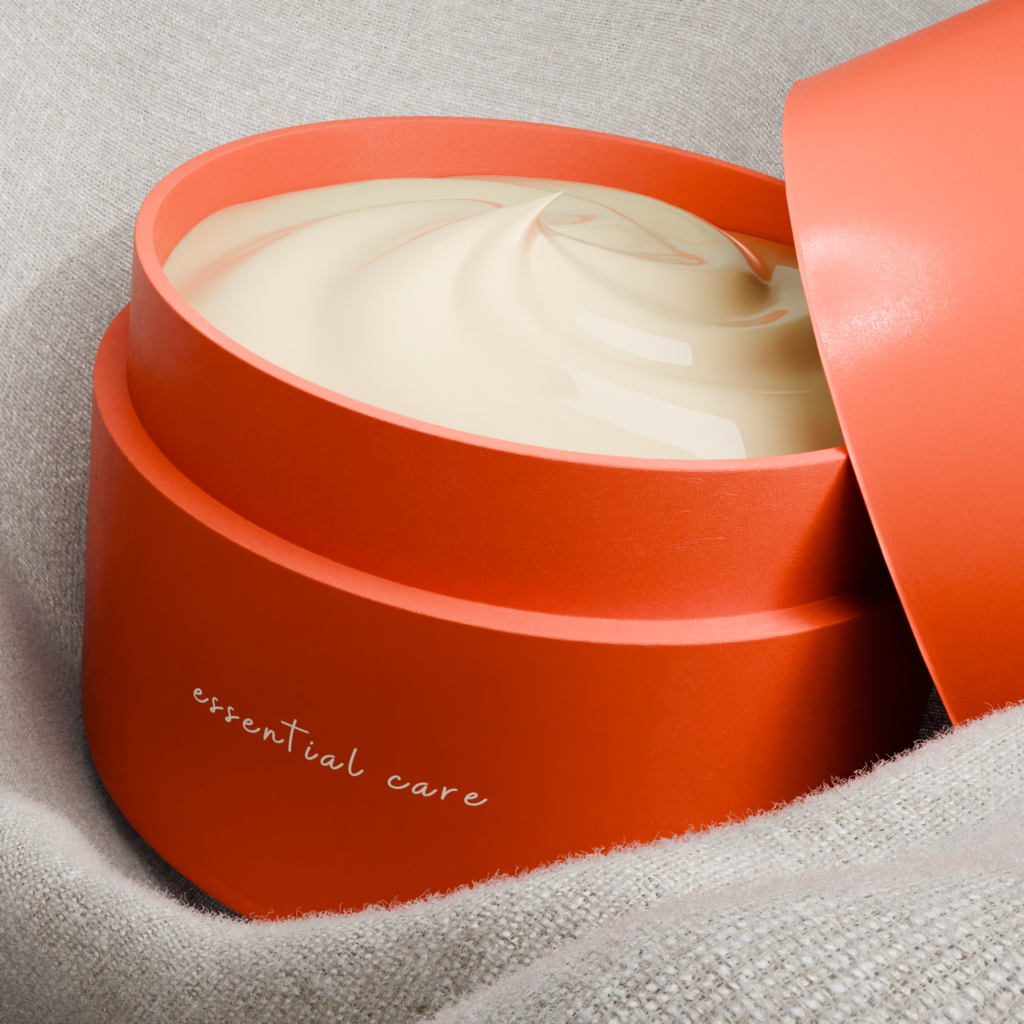 A close-up view of a cream container, showcasing its smooth texture and elegant design.