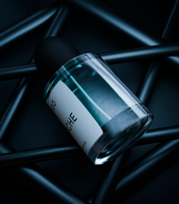 A 3D render of a perfume bottle elegantly placed on a sleek black background, showcasing its design and allure.