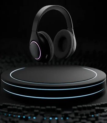 Stylish headphones placed on a smooth black surface, emphasizing their contemporary aesthetic.